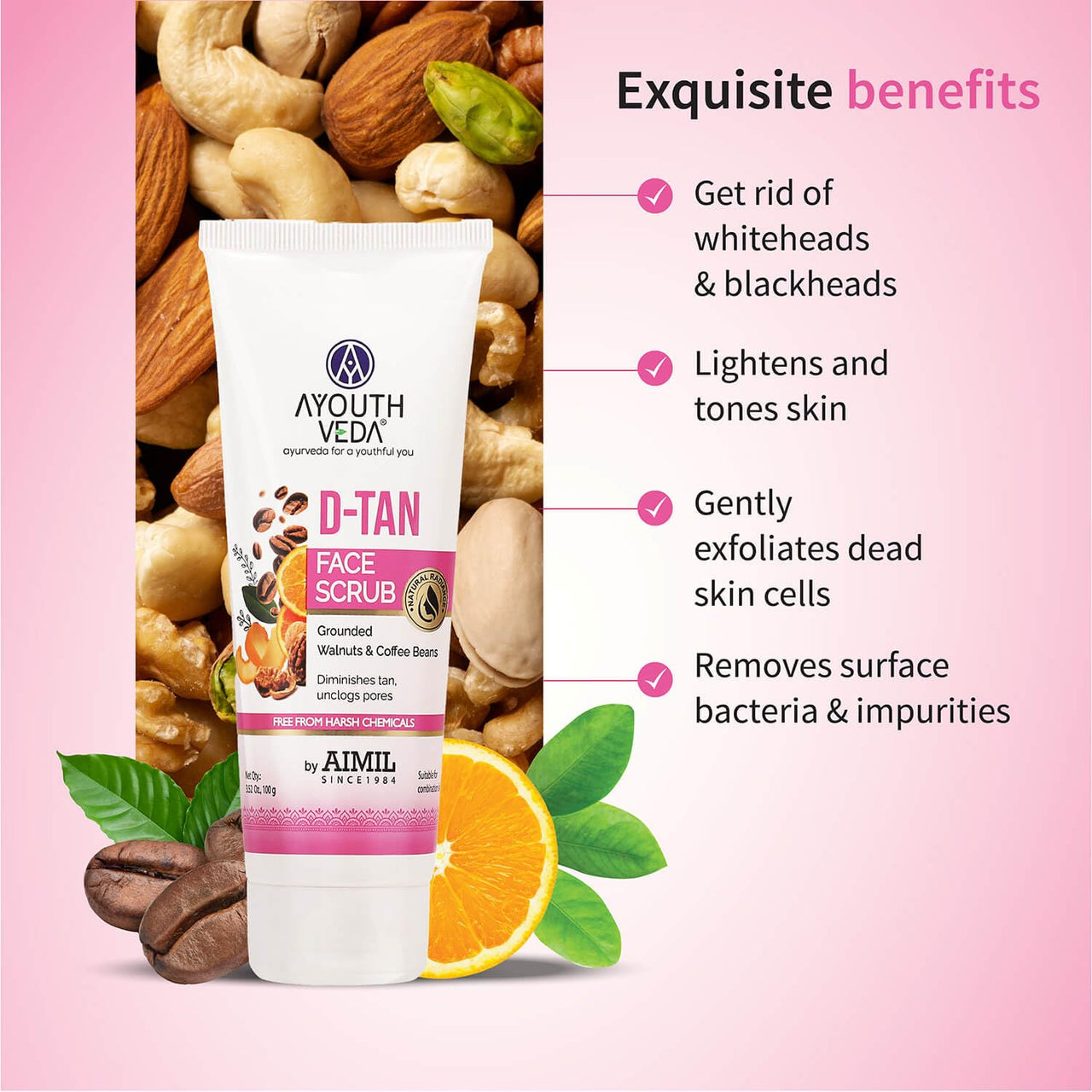 Ayouthveda D-Tan Scrub for Tan Removal, Glowing Skin & Deep Exfoliation | With Papaya, Lemon, Almond & Walnut | Removes Dead Skin Cells, Improves Texture | For All Skin Types| For Men & Women | 100g