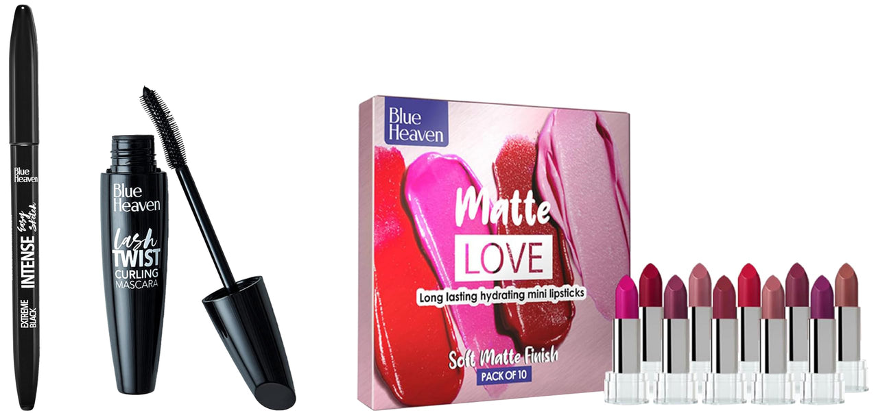 Blue Heaven Matte Love Mini Lipsticks & Blue Heaven Lash Twist Mascara, Black, 12 ml & Blue Heaven Intense Eyeliner Easy Sketch, Black, 1ml Matte Finish