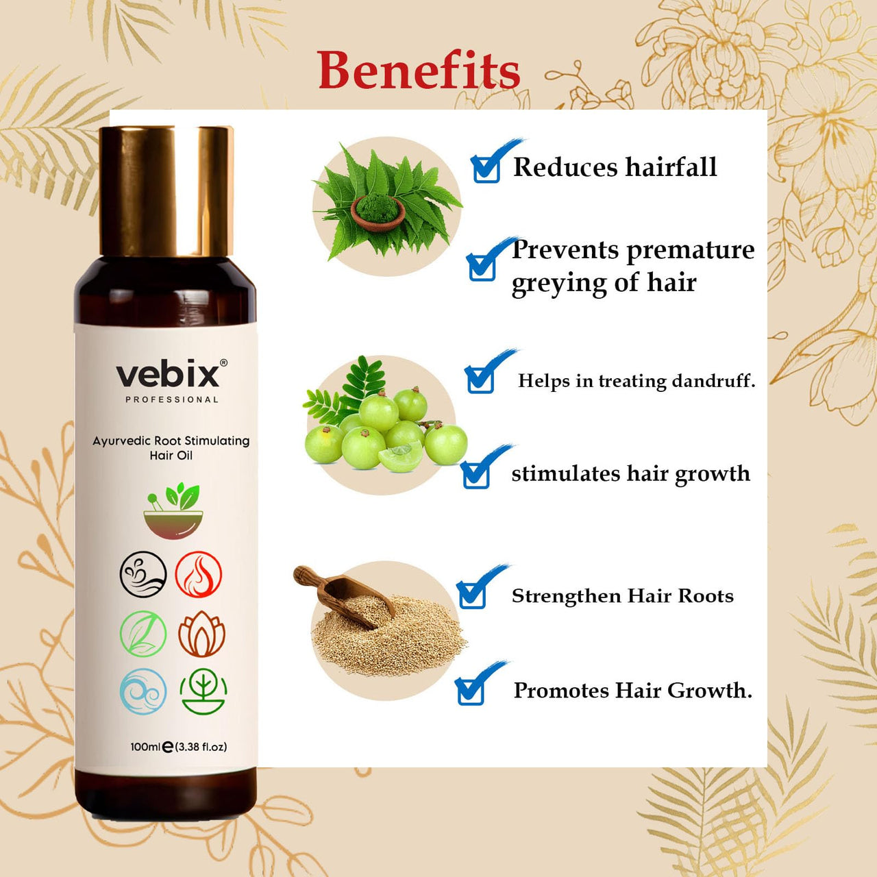 Vebix Professional HairCare Regimen -Ayurvedic 3 Product Kit -For Normal (All Types) Hair - Lotus AntiHairfall Shampoo + Anti HairFall Neem Oil & Hair Growth Serum