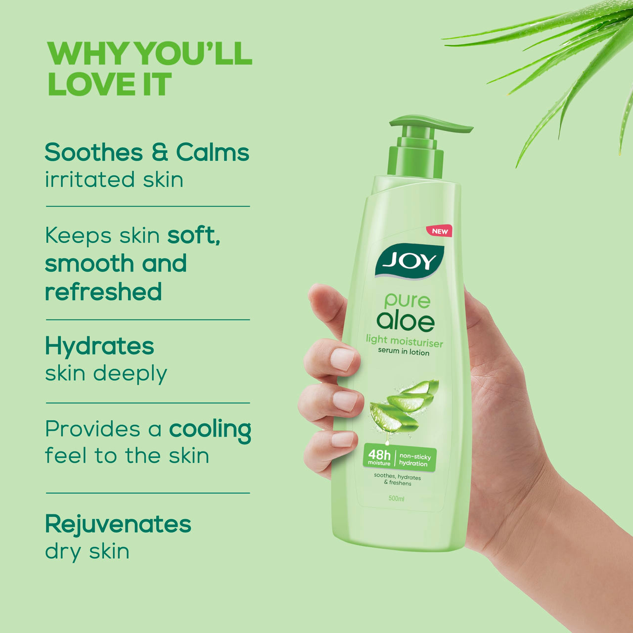 Joy Pure Aloe Light Moisturizing Body Lotion 500ml | 48Hr Moisture for Men & Women | Soothes, Hydrates & Freshens Dry Skin | Ideal for Summer | Lightweight, NonSticky & Non-Greasy | For All Skin Types