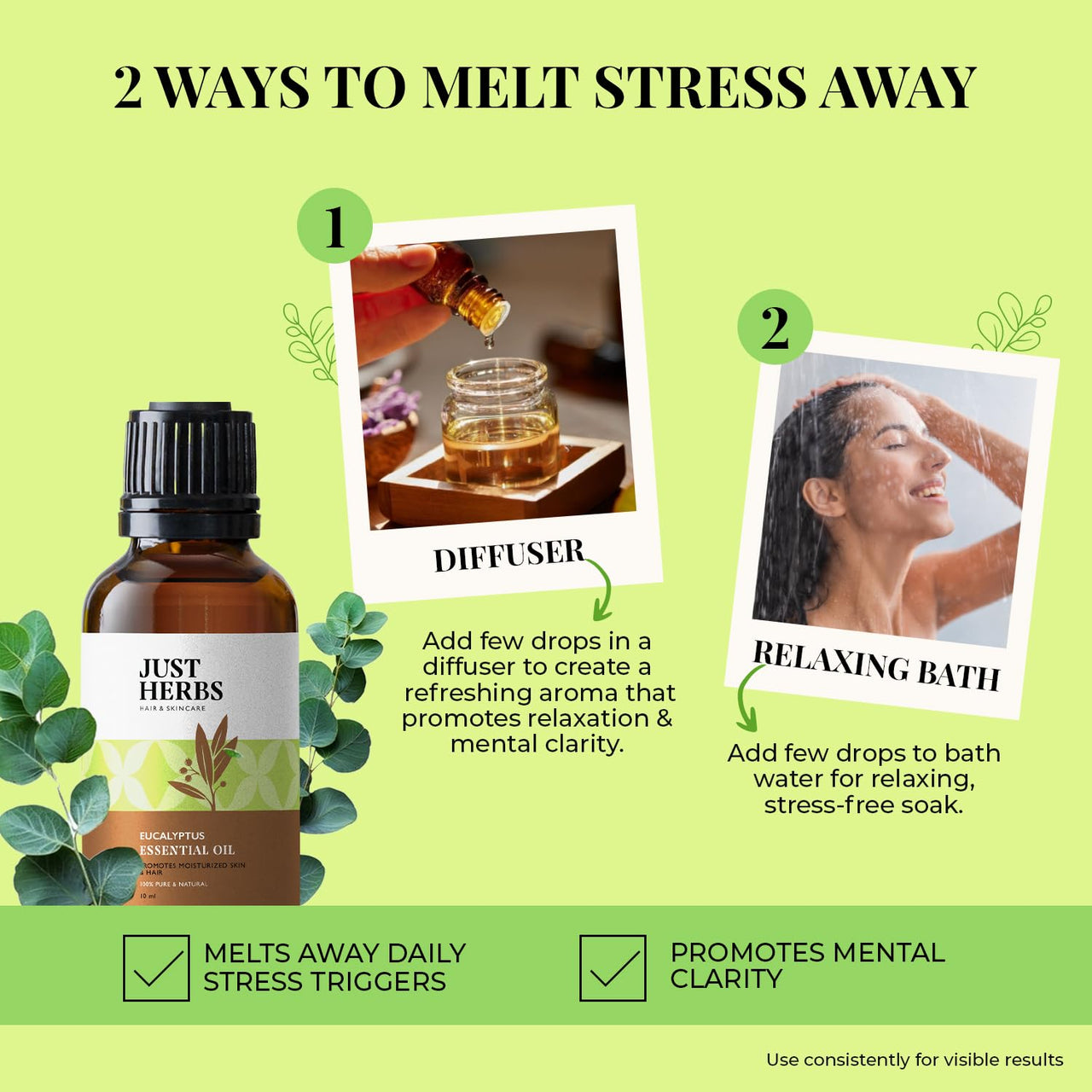 Just Herbs Eucalyptus Undiluted Steam Distilled 100% Natural Essential Oil for Hair Growth | Steam Inhalation | Aromatherapy and Skincare 10ml