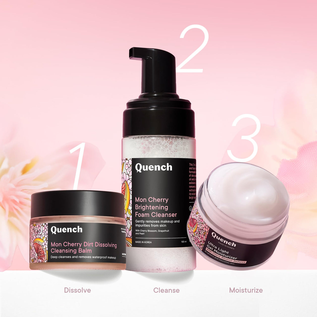 Quench Brightening Foam Cleanser with Cherry Blossom Radiance | Korean Face Wash for Glowing Skin | Removes Makeup, Dirt & Impurities | Brightens Dull Skin | Made in Korea (100ml)