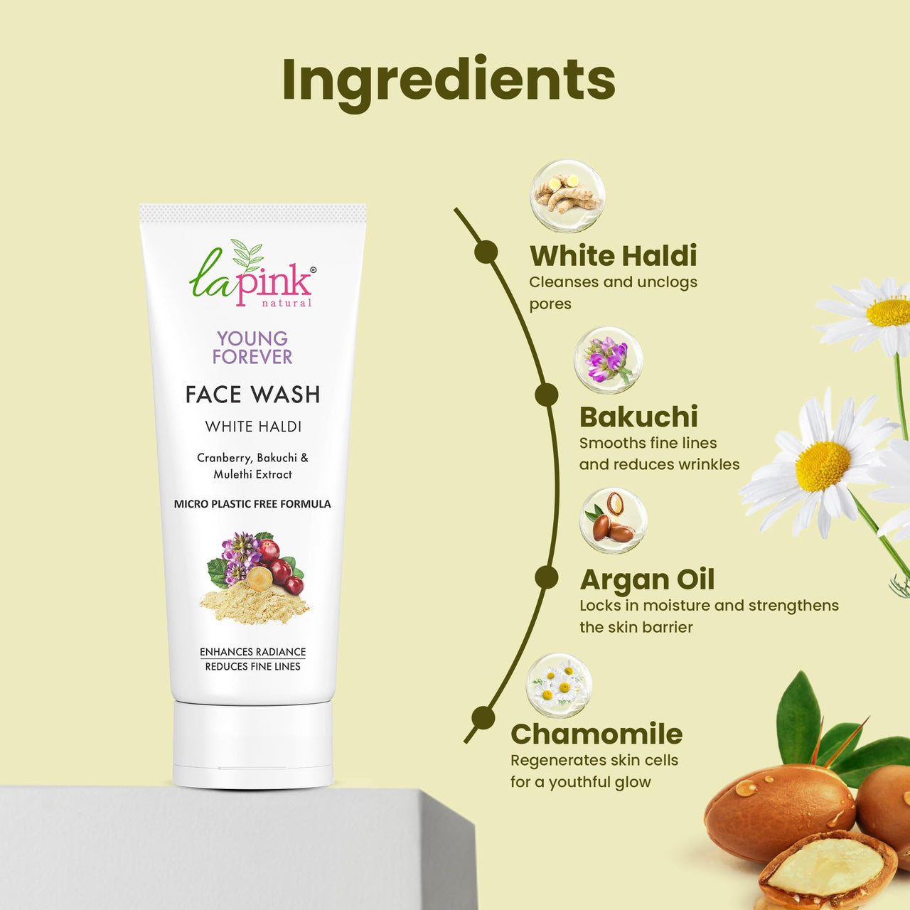 La Pink Young Forever White Haldi Face Wash | Deep Cleansing & Brightening | Anti-Aging & Pigmentation Control | With Cranberry, Bakuchi & Mulethi | Soothes & Protects Skin | 100% Microplastic-Free | All Skin Types | 100ml