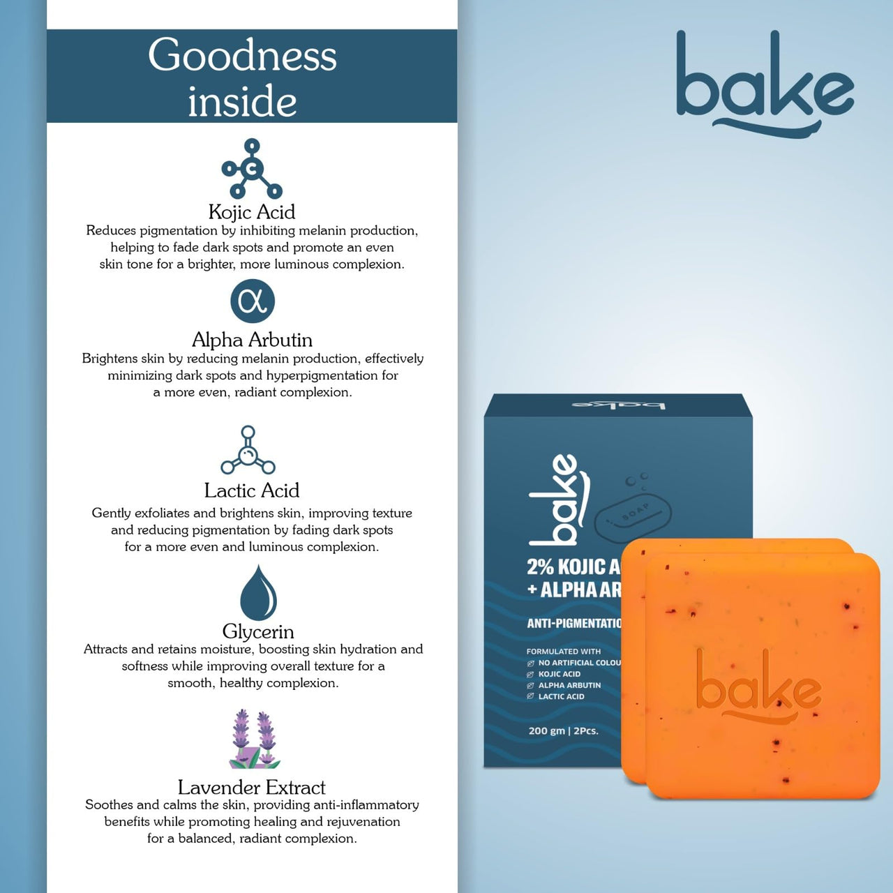 BAKE 2% Kojic Acid Scrub Treatment Soap (1 Pcs) with Alpha Arbutin, Lactic Acid & Niacinamide | For Pigmentation, Dark Spots, Tan Removal, Brightens Underarms | Soap for Women & Men | 100g x 1