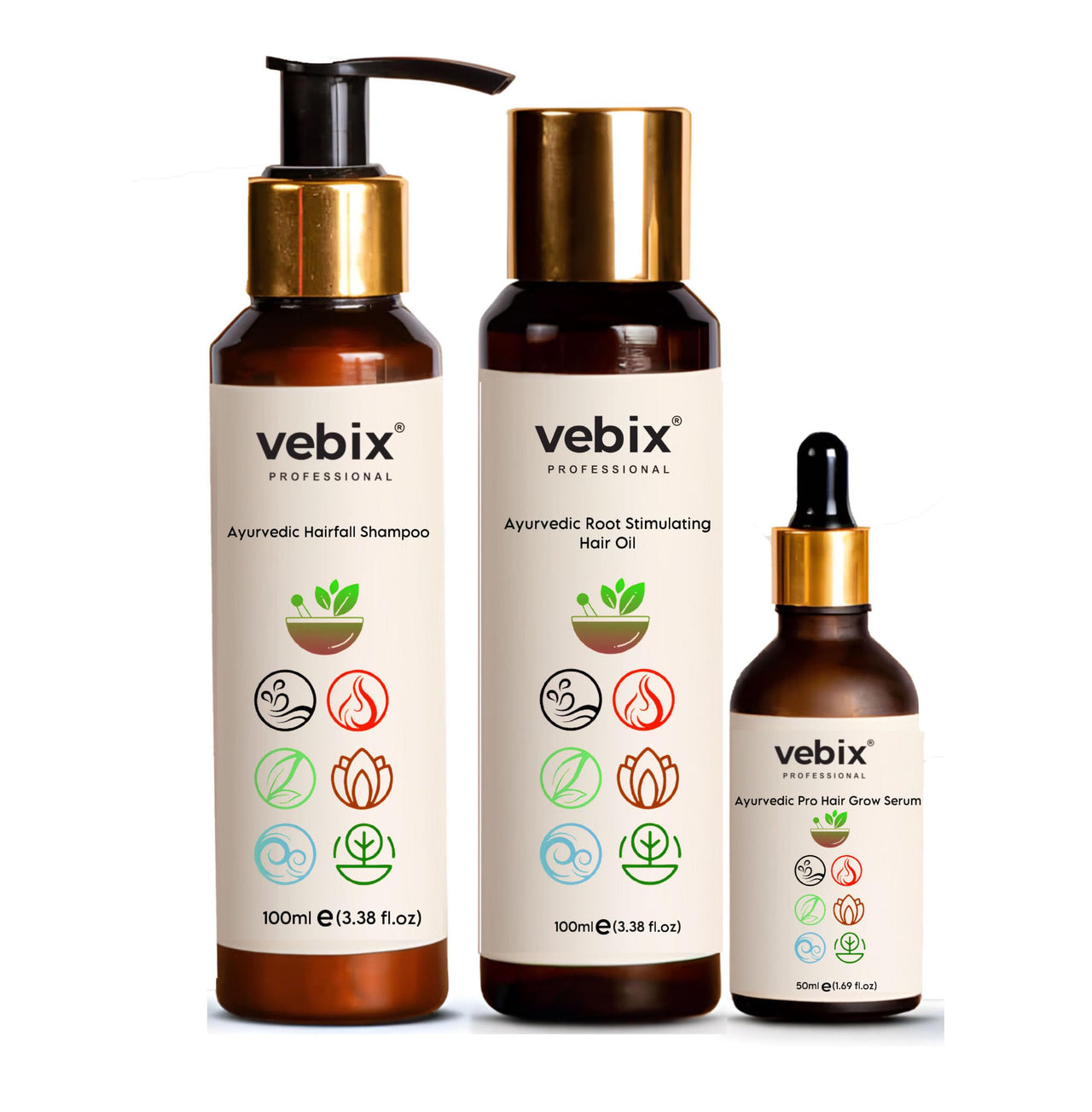 Vebix Professional HairCare Regimen -Ayurvedic 3 Product Kit -For Normal (All Types) Hair - Lotus AntiHairfall Shampoo + Anti HairFall Neem Oil & Hair Growth Serum