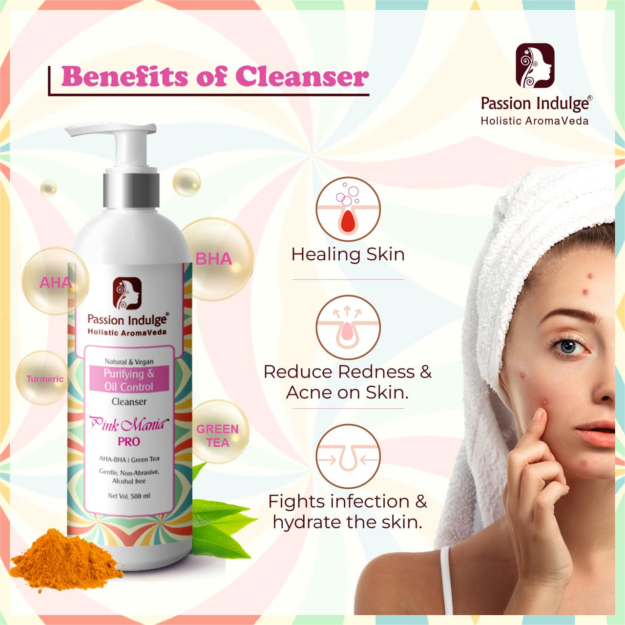 Passion Indulge Professional Anti-acne Face Cleanser Pinkmania PRO- 500 ml, Skin Purifying, Oil Control with AHA BHA