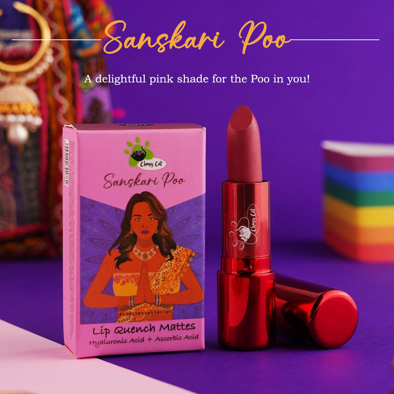 Clumsy Cat Sanskari Poo Matte Lipstick – Delightful Pink | Long Lasting, Waterproof, Smudge-Proof & Non-Sticky | Pink Nude Lipstick for Women, Girls & Dusky Skin Tone | Daily Use Lip Makeup for Office, Party, College