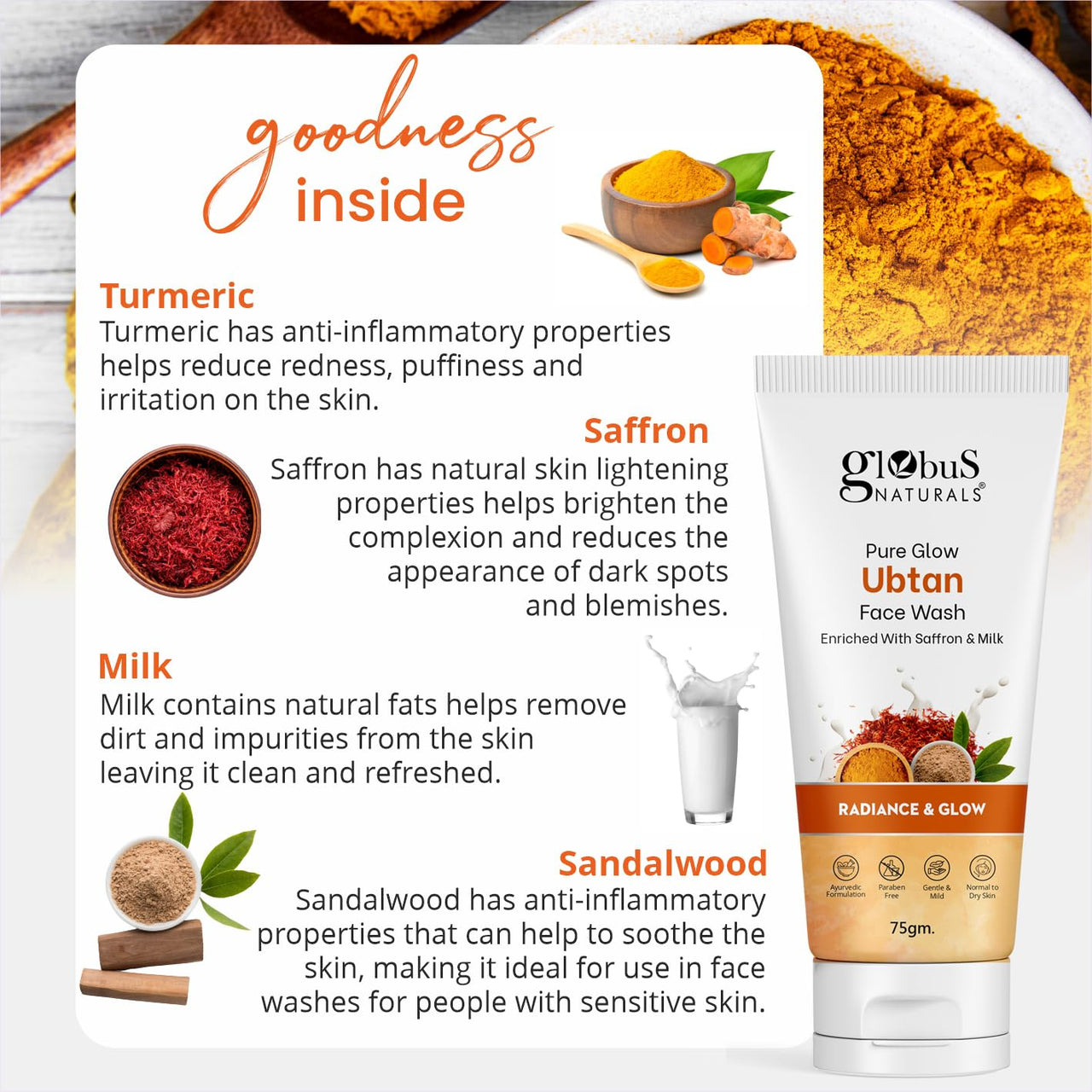 Globus Naturals Pure Glow Ubtan Face Wash, Enriched With Saffron & Milk, For Radiance & GLow, Natural, Gentle & Mild, Suitable For All Skin Types, 75 gm (Pack of 2)