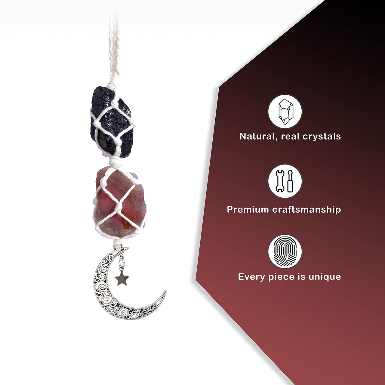 BOHO GARDEN Hanging Car Charm - Black Tourmaline & Carnelian - Dangling Moon, Healing Crystal Accessories, Rearview Mirror Decorations - Grounding, Confidence, Protection, Transformation, Joy, Energy Tourmaline-carnelian