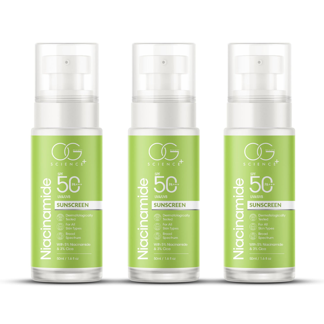 OG BEAUTY SCIENCE SPF 50 PA+++ Sunscreen with Niacinamide & Cica-Dermatologically Tested - Broad Spectrum Pack of 3 | 150 ML