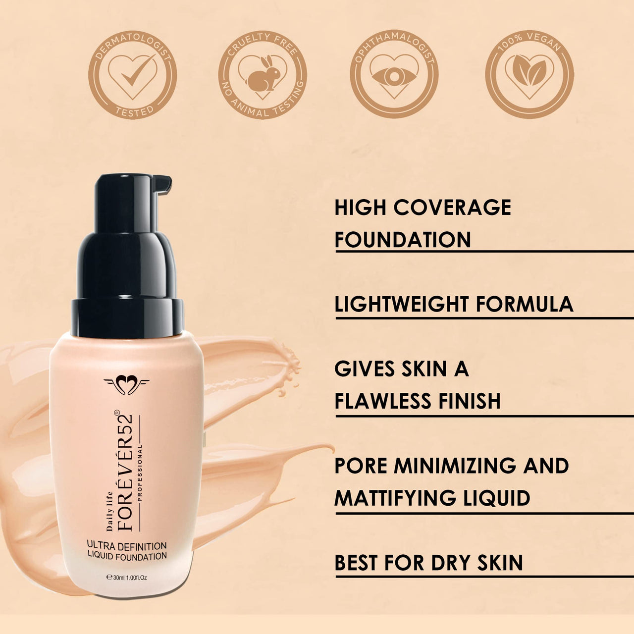 Daily Life Forever52 Ultra Definition Liquid Foundation|24-Hour Wear, Medium to High Coverage, Pore-Minimizing & Mattifying, Anti-Aging, Satin-Like Finish|Ideal for Medium Skin (Pralines Cake,30ml)