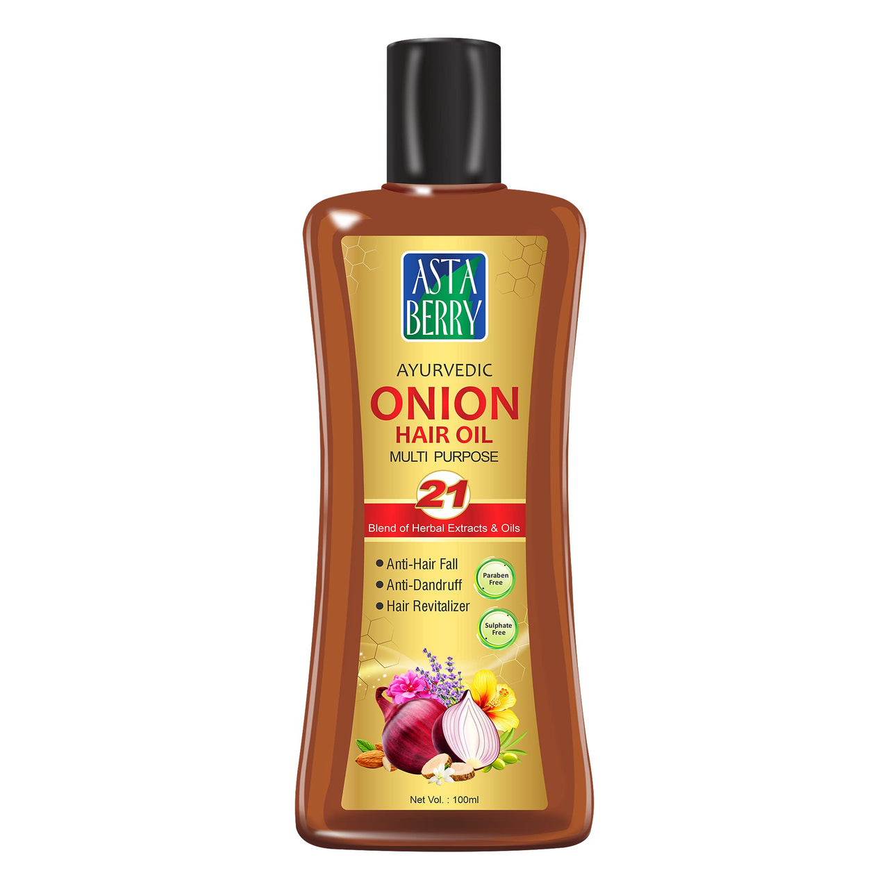 ASTABERRY Onion Hair Oil For Hair Growth 100ml -Anti Revitalizer & Anti Hairfall | Goodness of 21 Herbal Extract & Essentials Oils | Energizes hair roots | Anti-dandruff properties