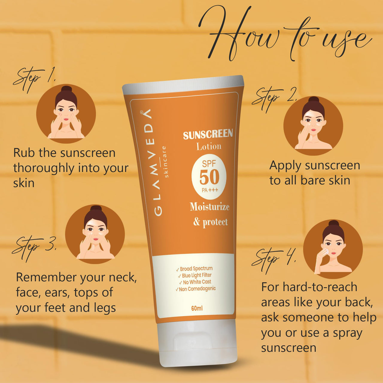 Glamveda Hybrid Sunscreen Lotion Spf 50 PA+++ | Moisturize & Protect | Water and Sweat resistant | All skin types | 60ml