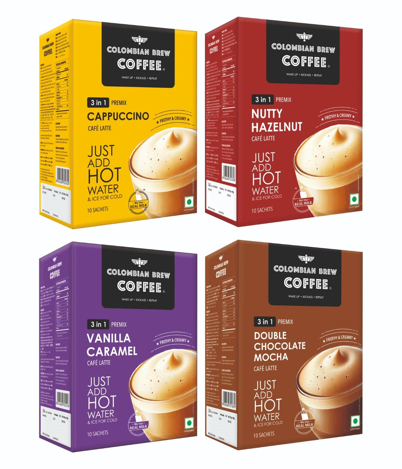 Colombian Brew 3 in 1 Assorted Instant Coffee Premix Café Latte, Cappuccino, Hazelnut, Vanilla Caramel, Double Choco Mocha, 10 Sachets Box Buy 3 Get 1 Free