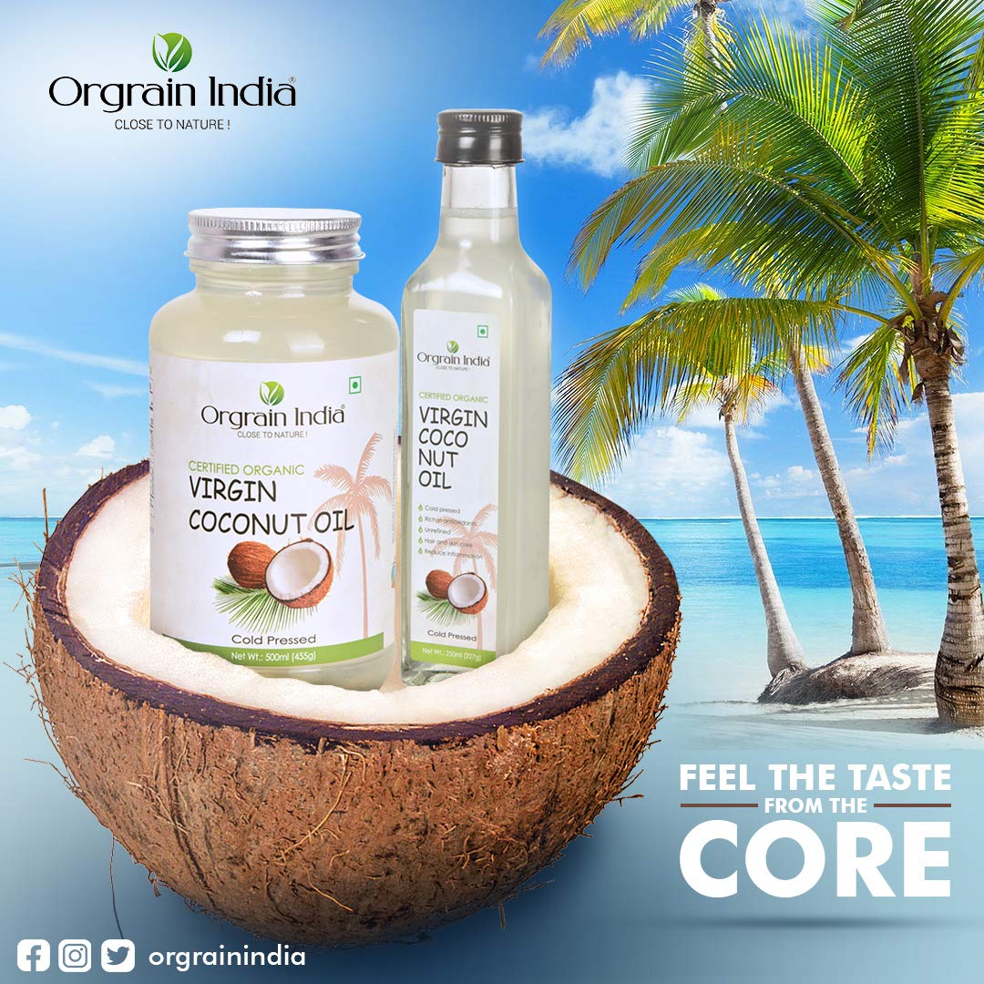 Orgrain India Certified Organic Raw Cold Pressed Extra Virgin Coconut Oil | Unrefined, Zero Heat Process, Supports Immunity, Hair & Skin, Massage, 100% Edible with Rich Tropical (250ml)