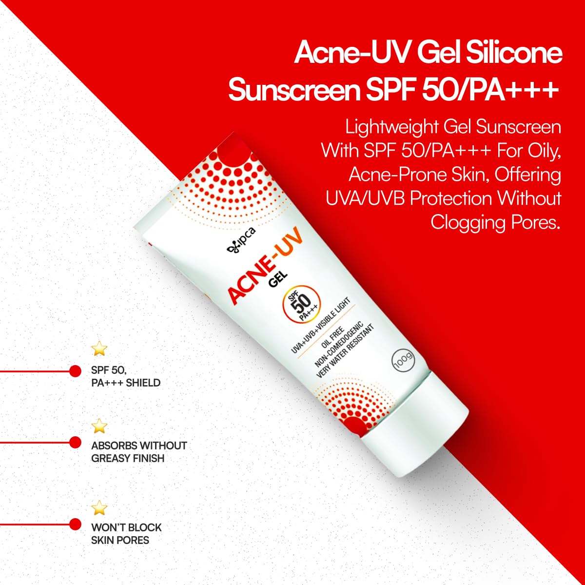 Acne-UV Sunscreen SPF50 PA+++ | 100g Acne-UV Gel Sunscreen | Non Comedogenic | Silicone Gel | Oil-Free | UVA/UVB Protection | Water Resistant | No White Cast | Suitable for All Skin Types