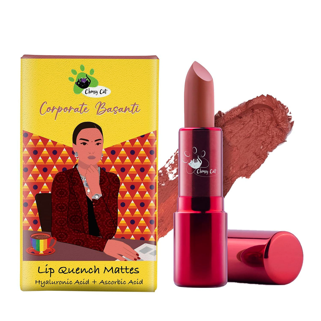 Clumsy Cat Corporate Basanti Matte Lipstick – Peachy Nude Shade | Long Lasting, Waterproof, Smudge-Proof & Non-Sticky | Nude Lipstick for Women & Dusky Skin Tone | Daily Use, Office Use & College Makeup