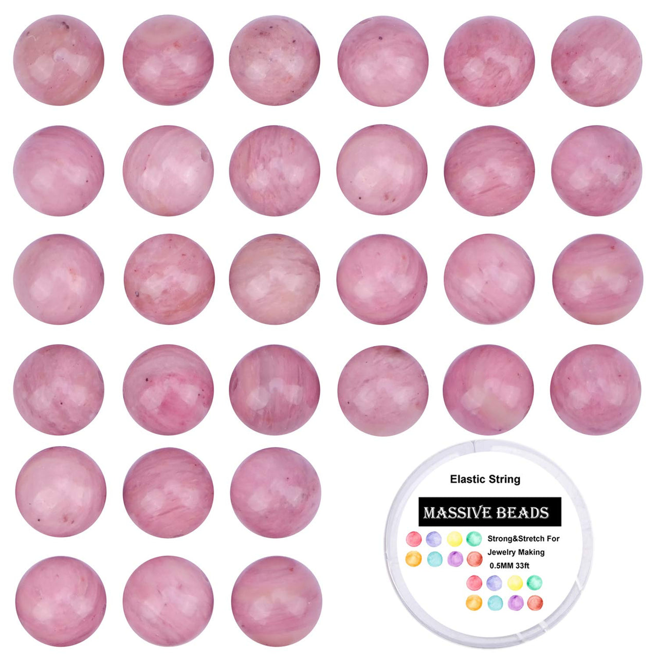 80Pcs Natural Crystal Beads Stone Gemstone Round Loose Energy Healing Beads with Free Crystal Stretch Cord for Jewelry Making (Rhodochrosite, 10mm) Rhodochrosite