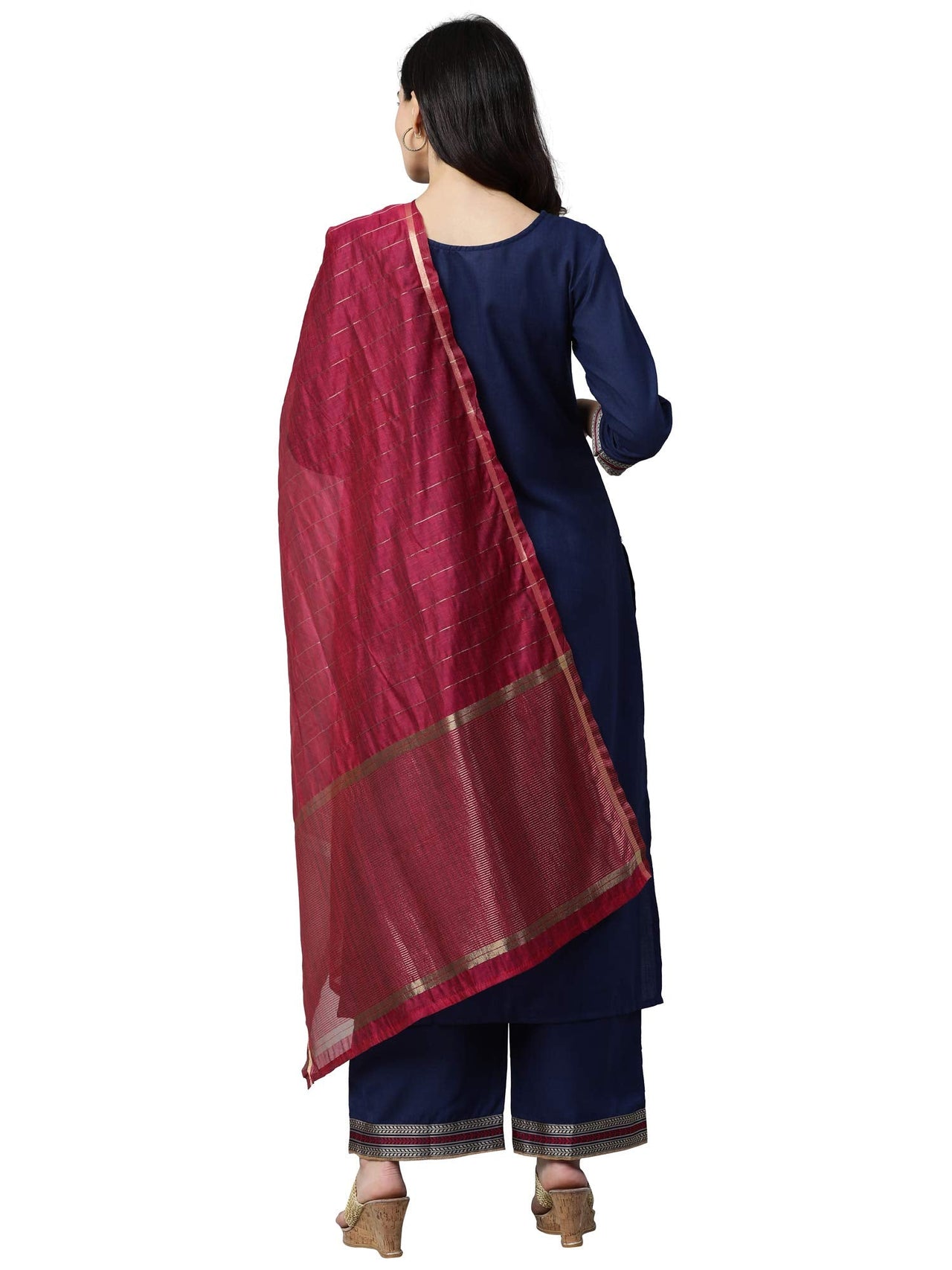 INDO ERA Women's  Pure Cotton Yoke Design Straight Kurta Palazzo with Dupatta Set(Navy Bue_IE26KD4NB1771_XS to 2XL-Size)