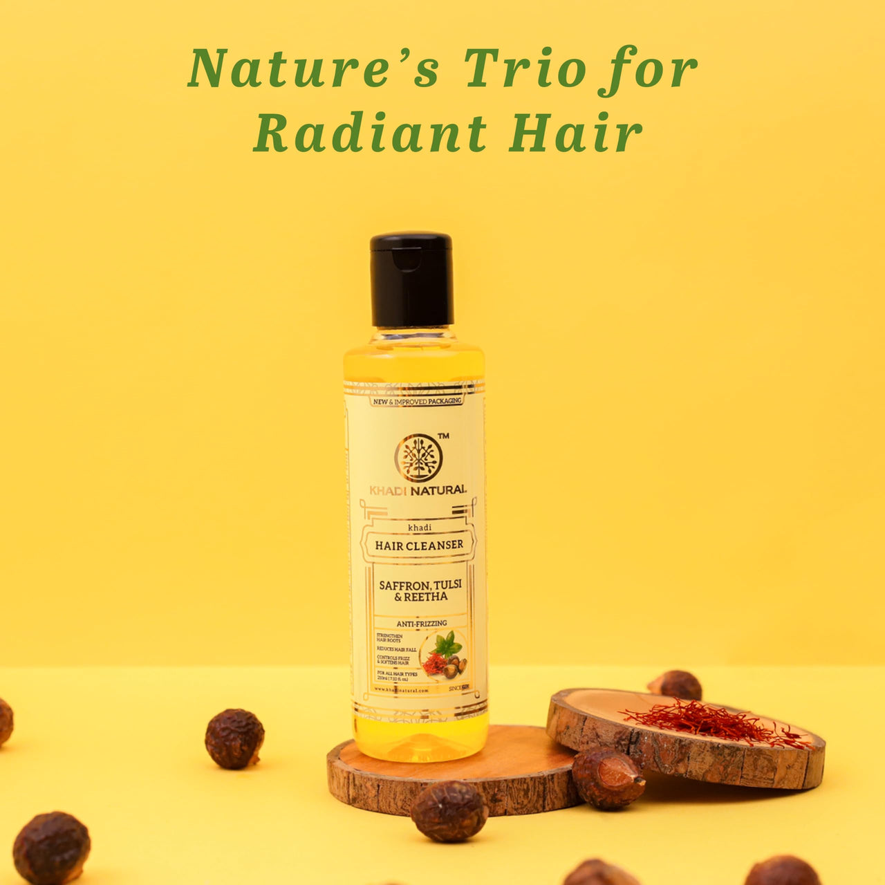 Khadi Natural Saffron, Tulsi & Reetha Hair Cleanser | Dandruff-Free, Thick Hair Care | Strengthens Roots, Adds Volume | No Sulphates | For all hair types | 210 ml
