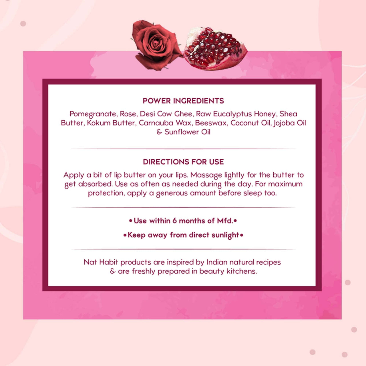 Nat Habit Lip Balm Fresh Infused Pomegranate Rose Lip Butter With Desi Ghee & Raw Honey For Lip Pigmentation, Lightening, Dark And Chapped Lips, 10gm