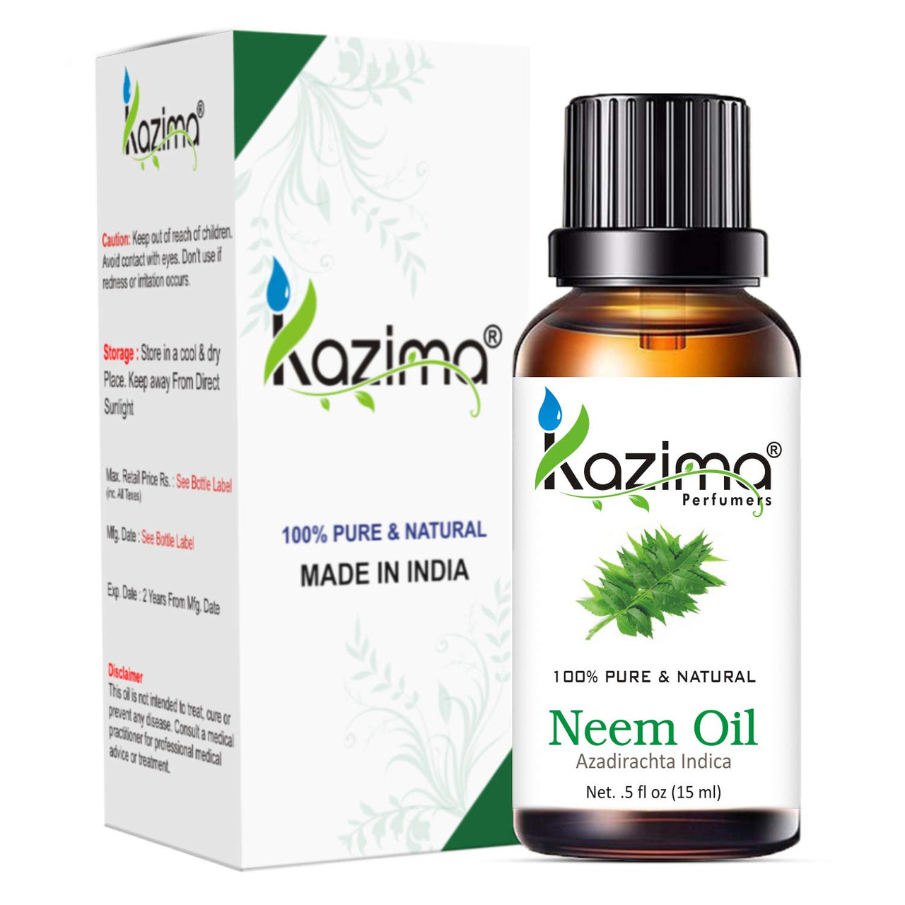 KAZIMA Combo of Neem Oil and Tea Tree Oil - 100% Pure & Undiluted Oil for Acne, Scars, Skin Moisturizing & Dandruff Control, 15 ml each