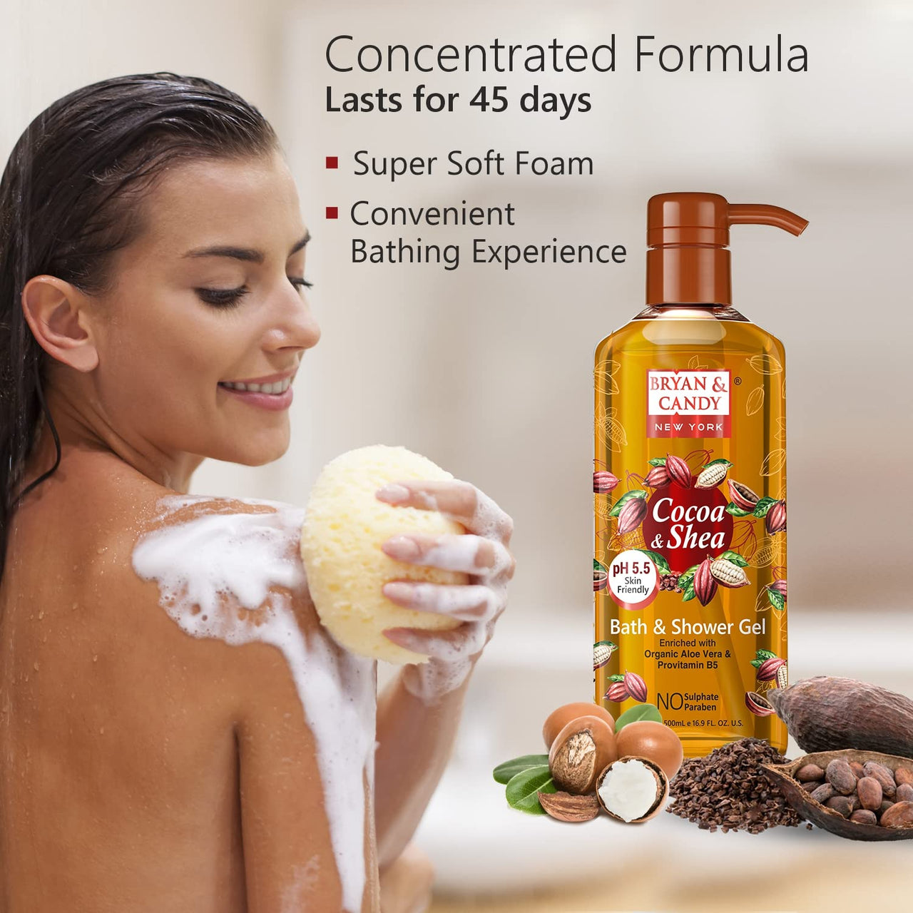 Bryan & Candy Shower Gel with Aloe Vera. Gentle, Moisturizing Body Wash for Soft, Supple Skin (Cocoa Shea Shower Gel, 500ml)