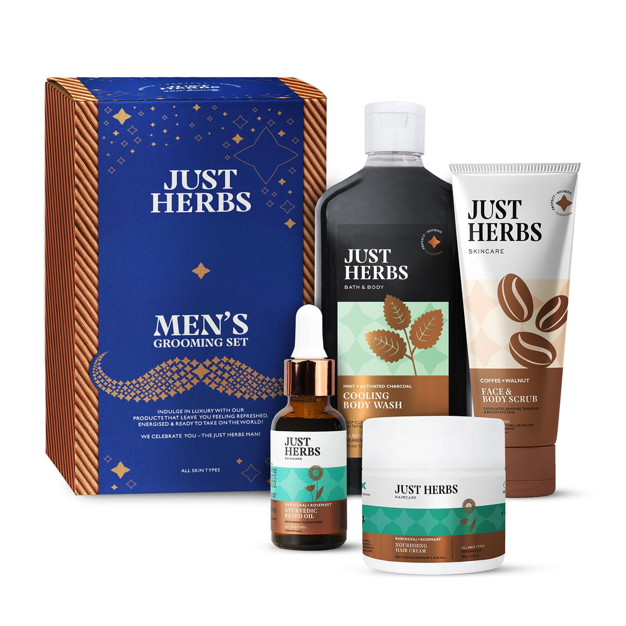 Just Herbs Grooming Kit for Men - Face and Body Scrub, Charcoal Body Wash, Rosemary Beard Oil & Hair Serum Combo Set