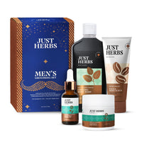 Just Herbs Grooming Kit for Men - Face and Body Scrub, Charcoal Body Wash, Rosemary Beard Oil & Hair Serum Combo Set