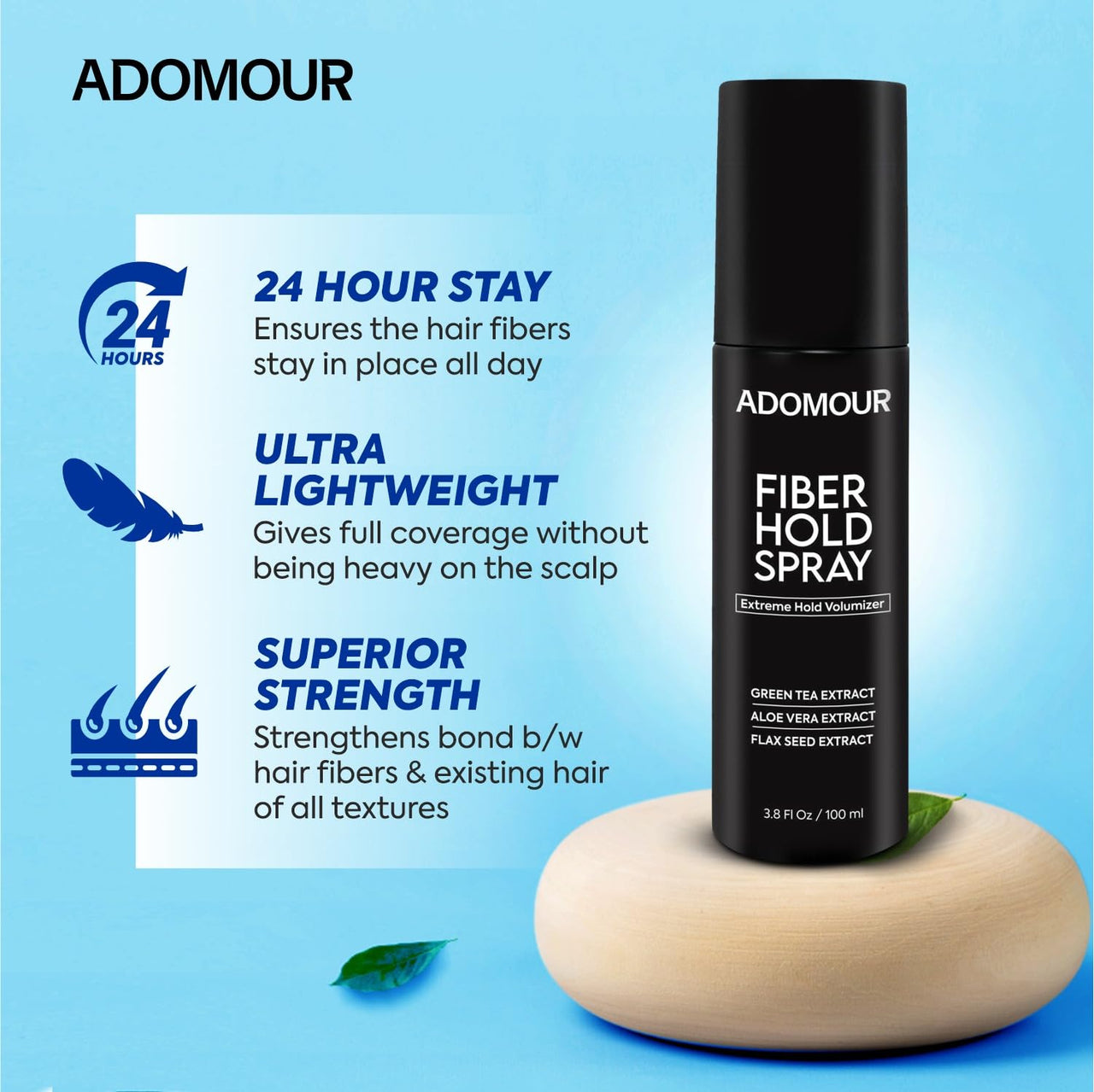 Adomour Thick Fiber Hold Spray 100ml | 2-in-1 Strong Hold Hair Fiber Lock & Setting Spray for Men & Women | Flaxseed, Aloe Vera & Green Tea | Non Greasy, Long Lasting | For All Hair Types & Fibers