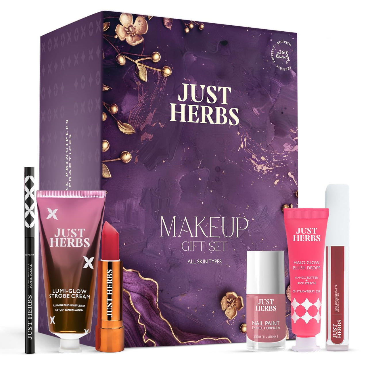 Just Herbs Perfect Gifting Glam Makeup Essentials Eid Gift Set with Blush Drops | Kajal | Ultra Matte Lipstick | Strobe Cream | Liquid Lipstick and Nail Paint for Women 200g