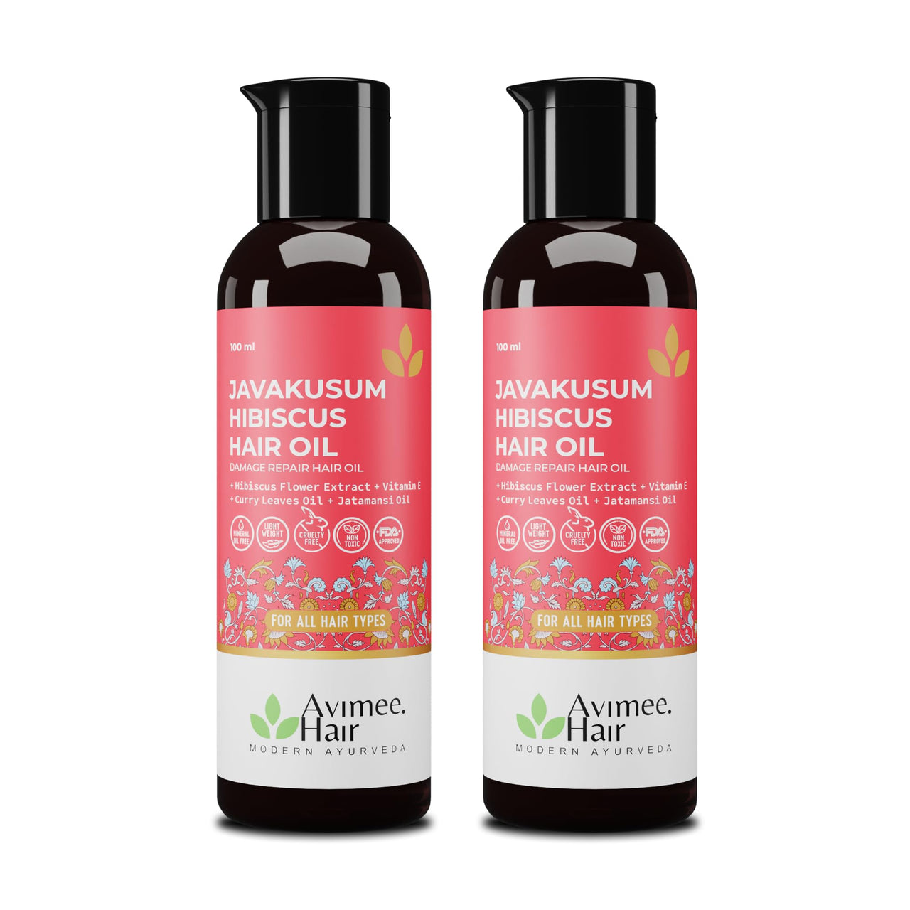 Avimee Herbal Javakusum Hibiscus Hair Oil | For Soft & Silky Texture | Loaded with Vitamin C, Flavonoids, Amino Acids, Mucilage Fiber, and Antioxidants | 100 mL | Pack of 2