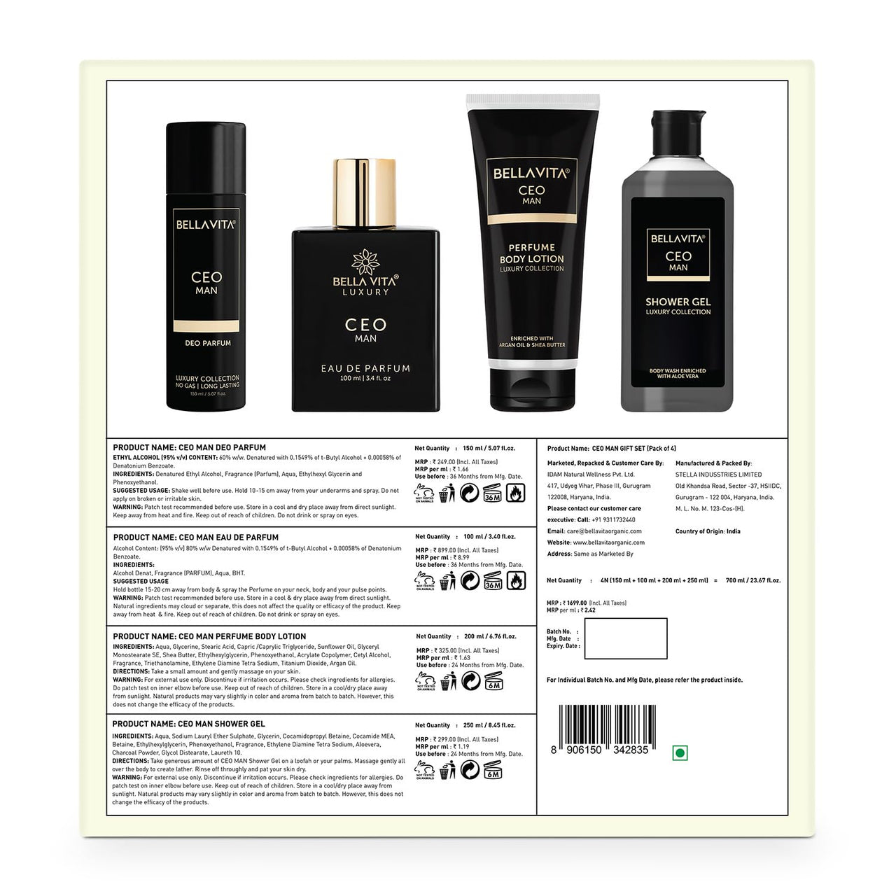 Bella Vita Luxury Ceo Men Gift Set With Charcoal Wood Body Wash 250 Ml For Deep Cleansing, Edp Perfume100 Ml, No Gas Deo Body Parfum 150 Ml And Perfume Body Lotion 200 Ml