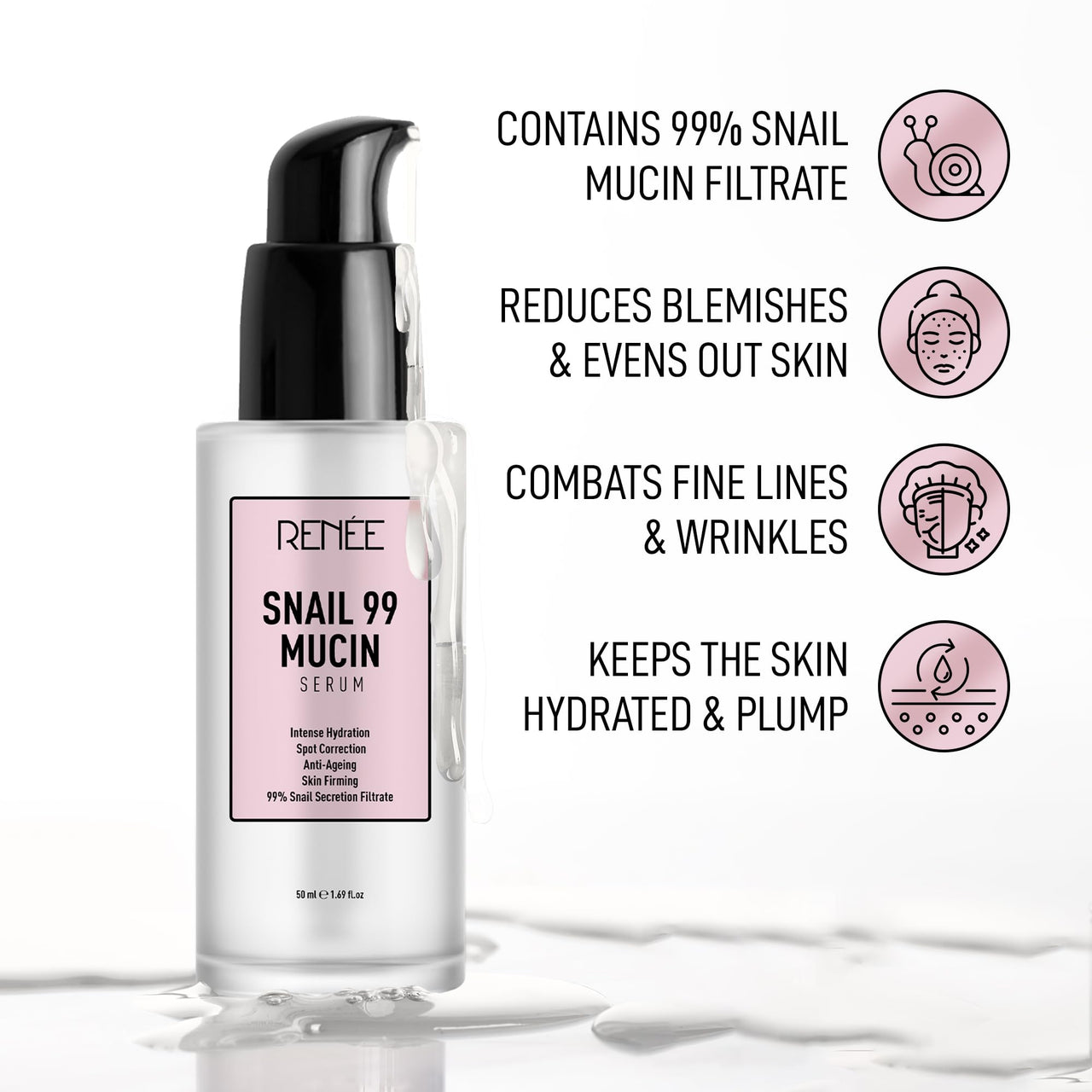 RENEE Snail 99 Mucin Serum for Face - Contains 99% Snail Secretion Filtrate & Hyaluronic Acid - Intense Hydration, Blemishes, Wrinkles & Spot Correction, Anti Ageing, Skin Firming - All Skin Types