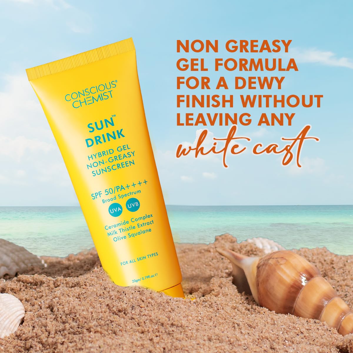 Conscious Chemist® Dewy Ceramide Sunscreen SPF 50 PA++++ | For Oily Skin | UVA/UVB & Blue Light Protection | Fragrance-Free | For Men & Women, All Skin Type - Sun Drink | 20g