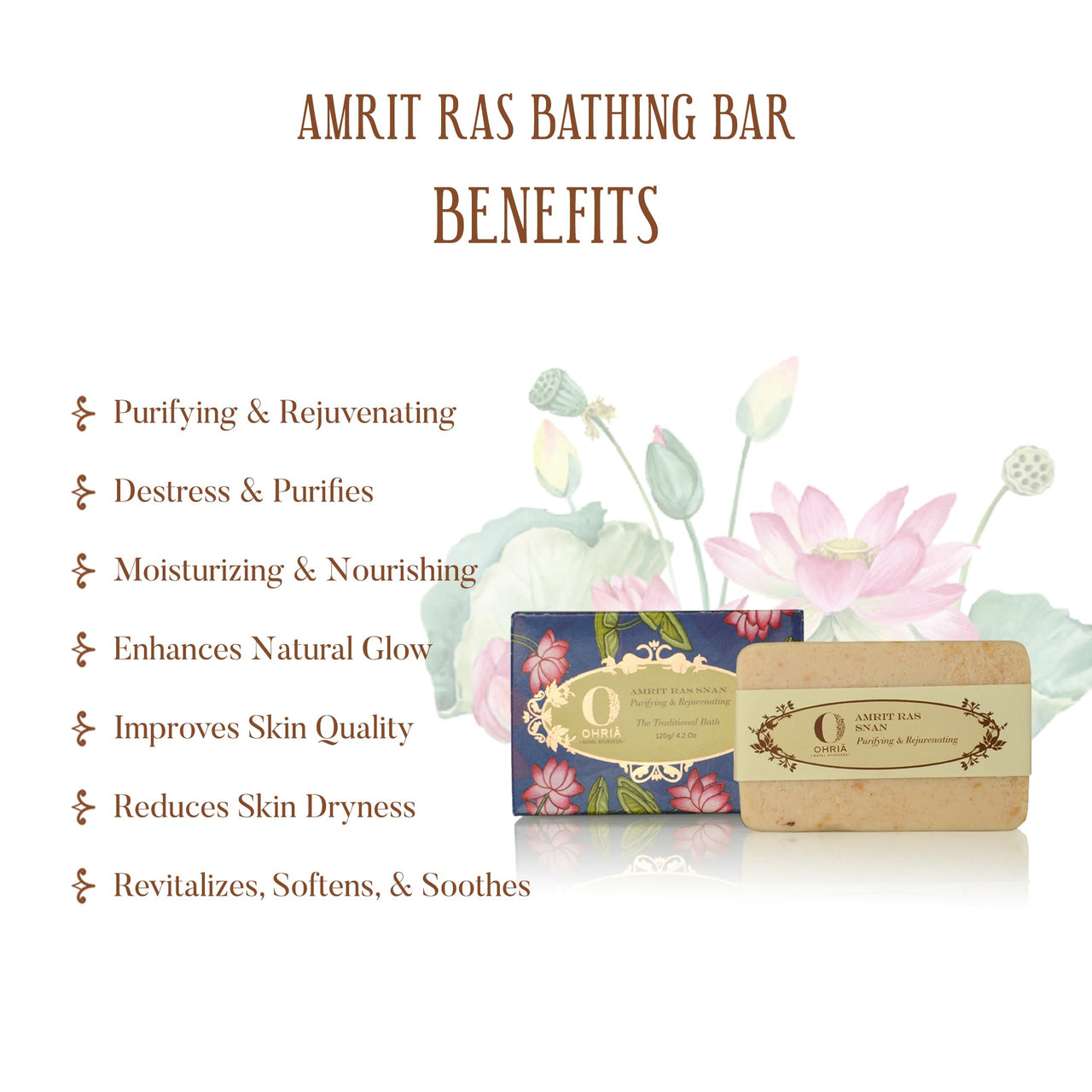 Ohria Ayurveda Amrit Ras Bathing Bar | Hydrating Ayurvedic Soap | Softens, Nourishes & Revitalizes Skin | Enriched with Natural Ingredients for Deep Moisture | Suitable for All Skin Types | 120g