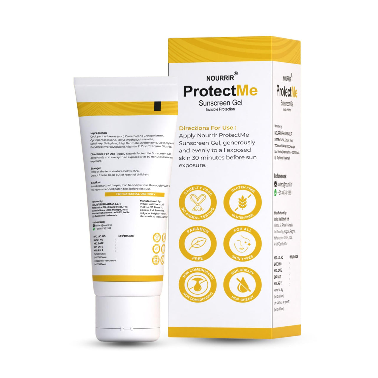 NOURRIR ProtectMe Sunscreen Gel SPF 50+, All Skin Types | Protection against UVA/UVB Rays | Water Resistant | Lightweight | Invisible | 50 gm.