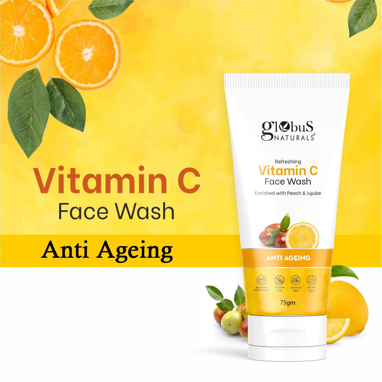 Globus Naturals Anti-Ageing Skin Brightening Vitamin C Face Wash, Enriched with Peach & Jujube, Skin Illuminating & Tan Removal Formula, For All Skin Types, Both Men & Women (75 g) (Pack of 1)