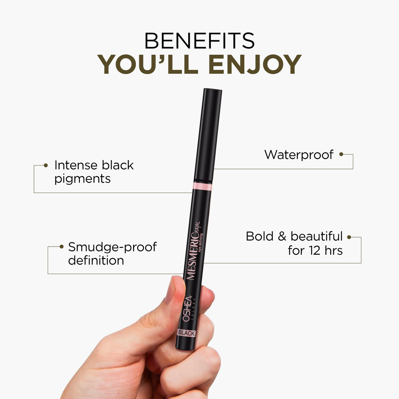 Oshea Colors Mesmeric Waterproof & Smudgeproof Matte Eye Defining Kajal | Intense Pigmentation, 12 Hrs Long Lasting with Quick Drying Formula (Black)