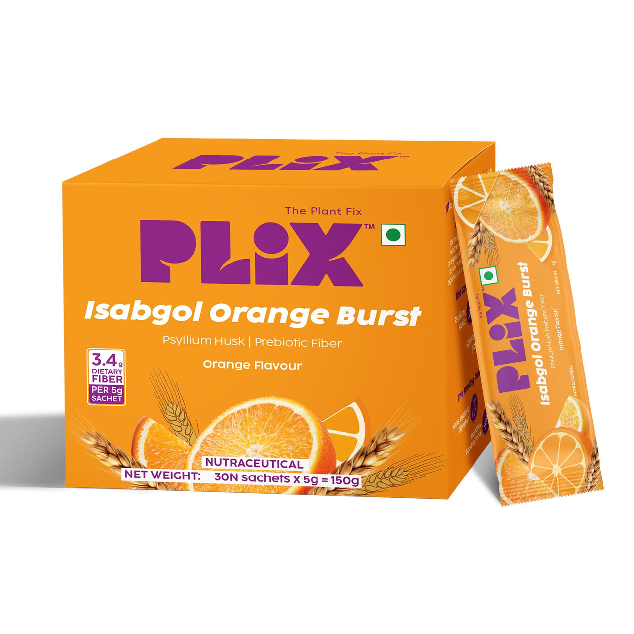 PLIX - THE PLANT FIX Isabgol Orange Burst| Improve Digestive Health And Gut Cleanse| Psyllium Husk Powder| No Added Preservatives OR Sugar| 30 Days Serving