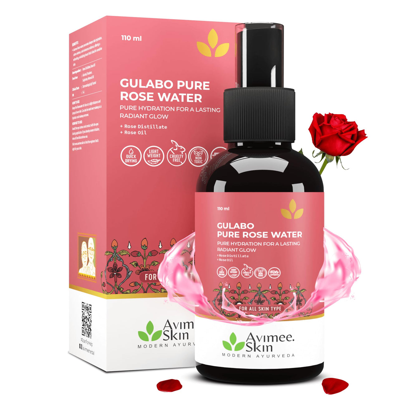 Avimee Herbal Gulabo Premium Rose Water | Skin, Face and Hair Toner | For All Skin Types | 110 ml