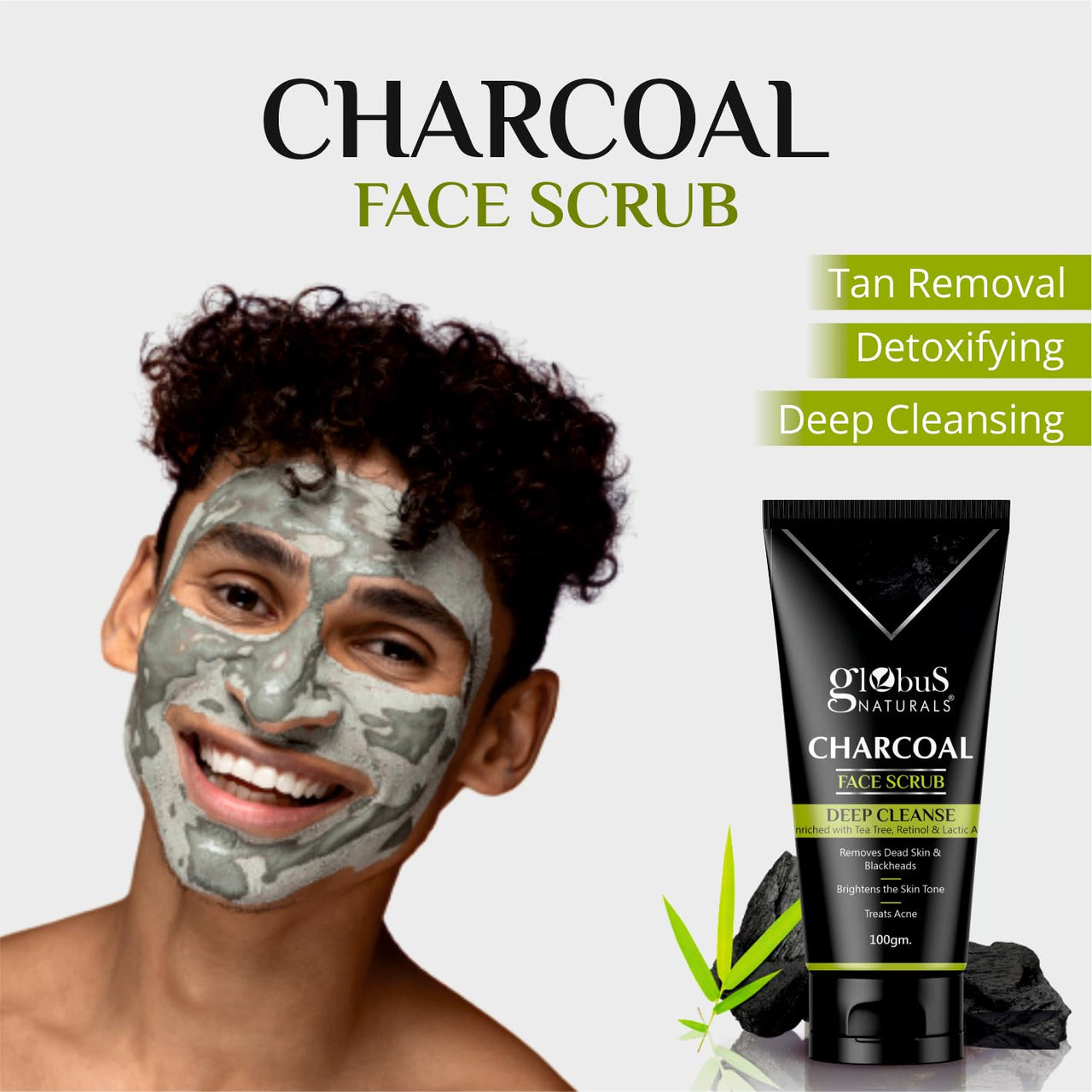 Globus Naturals Anti Pollution & Anti Acne Charcoal Face Scrub, Detox & Deep Cleanse Formula, Fights Pollution and De-Tans skin, For Men with Oily & Acne Prone Skin, 100 gms