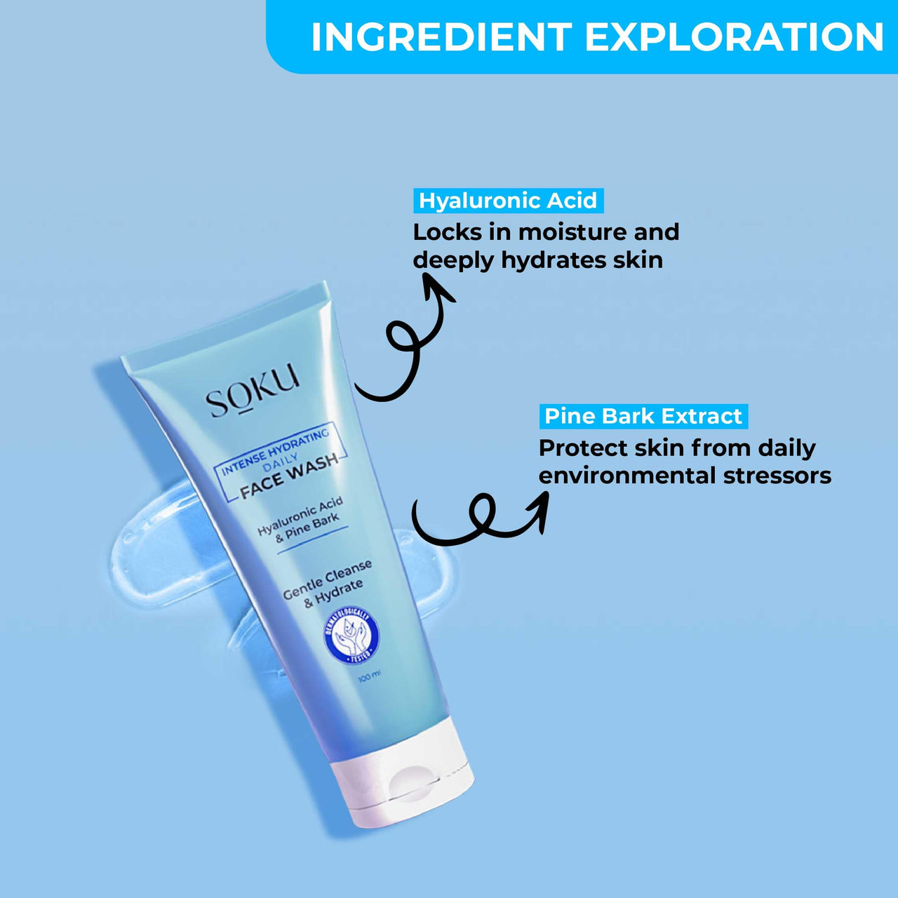 SOKU Intense Hydrating Daily Face Wash | With Hyaluronic Acid and Pine Bark Extract | Suitable For Dry Skin | Pore Cleansing & Dirt Control | Men & Women - 100 ml
