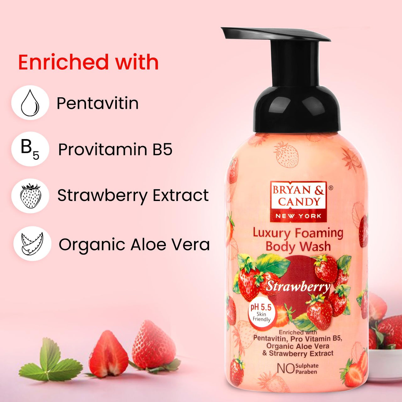Bryan & Candy Luxury Foaming Body Wash with Pentavitin, Pro Vit B5, Argan Oil, Skin Friendly pH 5.5, All Skin Types, 400 Ml (Strawberry)