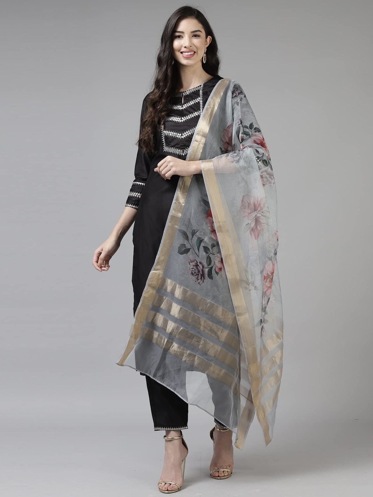 INDO ERA Women's  Cream Solid Viscose Straight Kurta Trouser With Dupatta Set