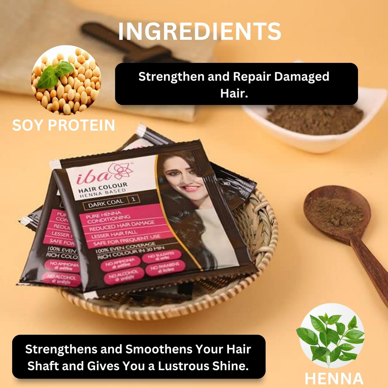 Iba Hair Colour for Women - Dark Coal, 70g | 100% Pure Henna Based Powder Sachet | Natural Hair Colour & Long Lasting with Conditioning Formula | Reduced Hair Fall & Hair Damage | Shine & Nourish Hair | Free from Ammonia and Other Harmful Chemicals | Herb