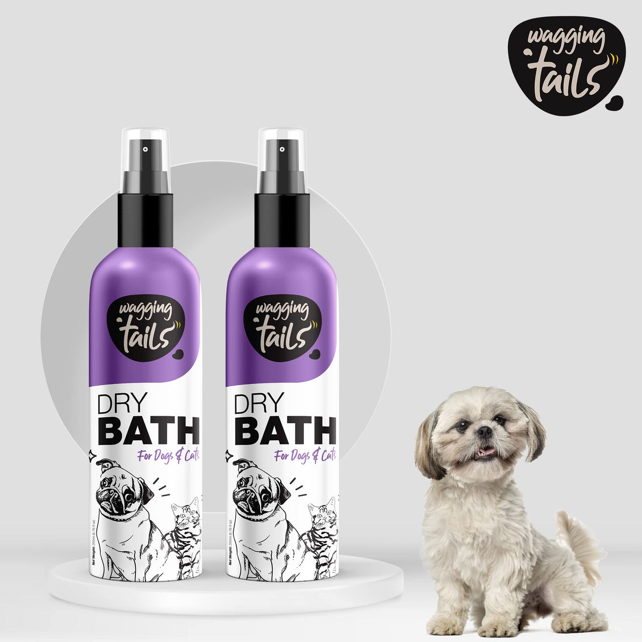 Wagging Tails Dry Bath Waterless Shampoo for Pets - 200ml - Pack of 2 | Fresh Natural Fragrance with Deep Cleansing for Grooming and Bathing for Dogs and Cats | Dry Bath waterless Shampoo