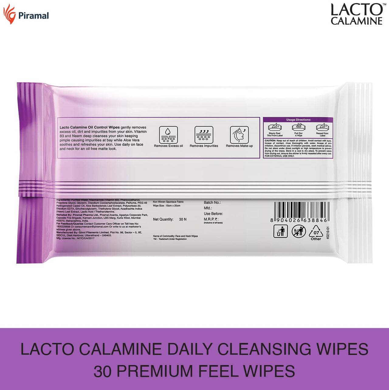 Lacto Calamine Oil Control Face Wipes with Neem, Vitamin B3 and Aloe Vera White, 60 Count, Pack of 2 & Lacto Calamine Daily Cleansing Face Wipes, Pack of 2, 50 Count