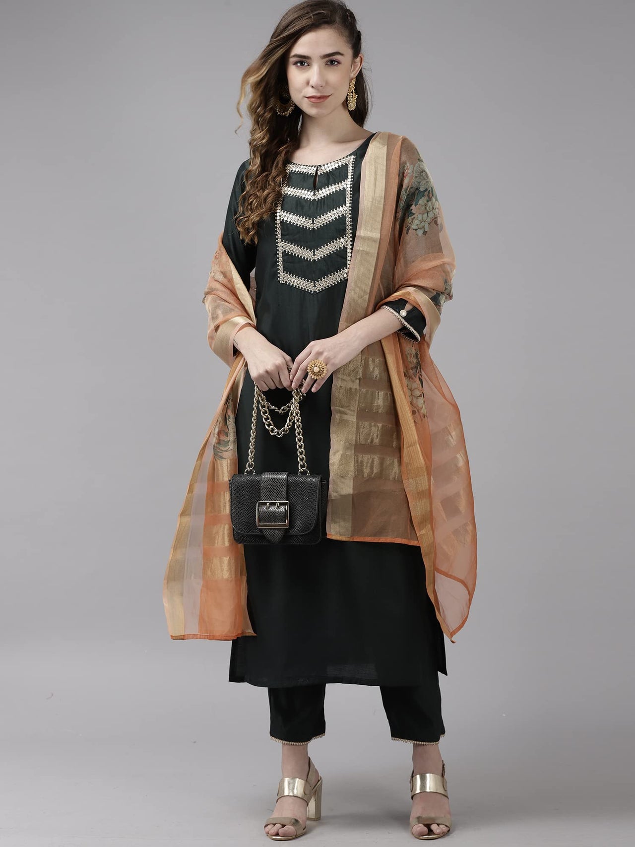 INDO ERA Women's  Cream Solid Viscose Straight Kurta Trouser With Dupatta Set