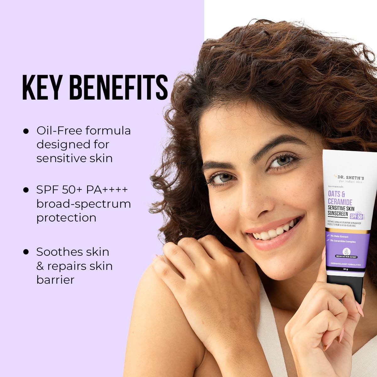 Dr. Sheth's Oats & Ceramide Sunscreen | SPF 50+ PA++++ | Oil-Free Sunscreen For Sensitive Skin | Lightweight & No White Cast | Strengthens Skin Barrier | Sun Protection From UVA/B/IR Rays | Men & Women | 50 g